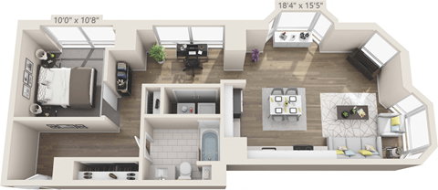Floor plan for 1 bed, 1 bath, 767 sqft
